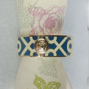 Spartina 449 Bracelet Bangle Blue Beige & Gold Hinged Daufuskie Island EUC